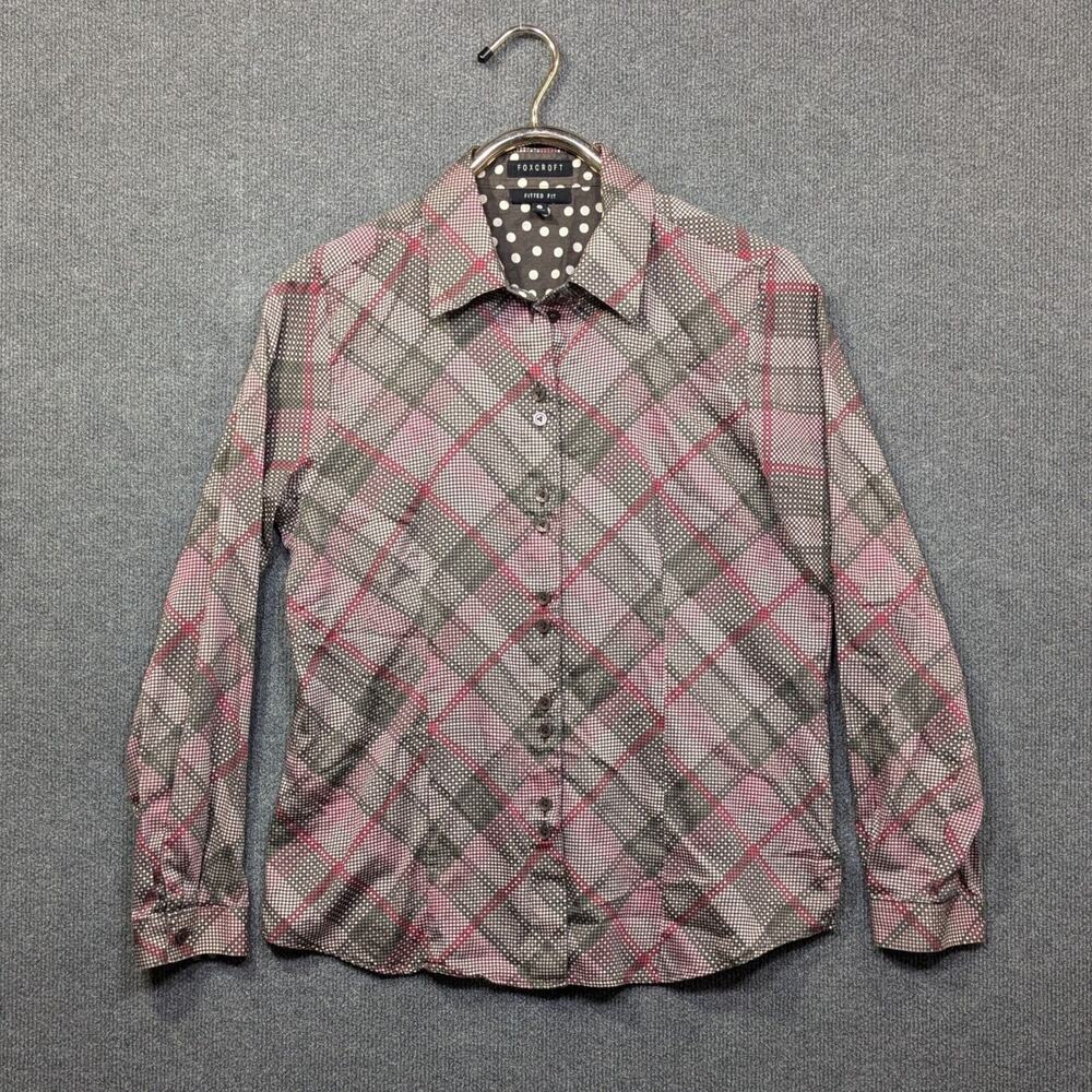 Foxcroft Button Top Womens 12 Cotton Shirt Fitted Fit Brown Pink Polka Dot Plaid